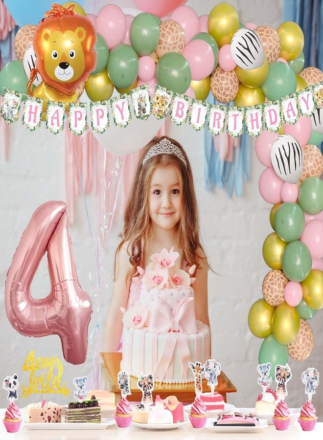 Fiesec Four Ever Wild Birthday Decorations Girl, Jungle Safari Animal Theme 4th Party Decorations Backdrop Balloons Garland Banner Cake Cupcake Topper Poster Crown Lion Cheetah Giraffe Pink 115 PCs - Image 5